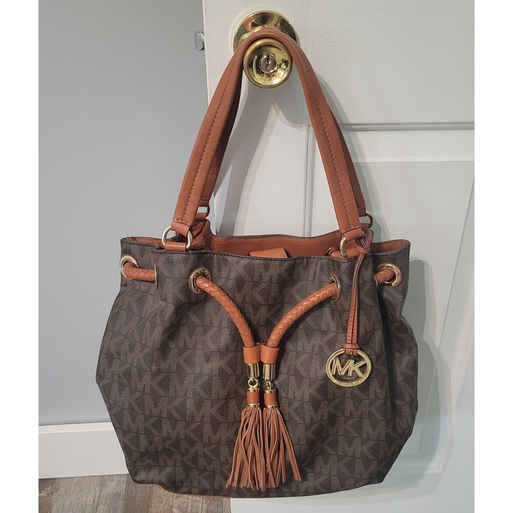 Michael Kors Jet Set Drawstring Tote Brown MK Signature Bag Leather Tassel Purse